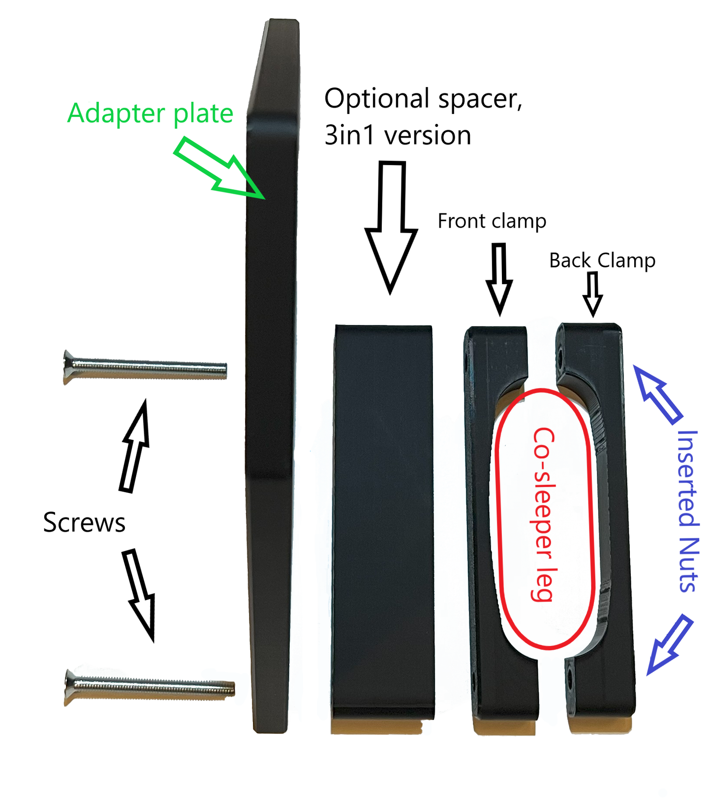 Shows the assembly of the Maxi-cosi_Iora black CribClamp musical mobile attachment adapter bracket for the Maxi- cosi Iora co-seelper